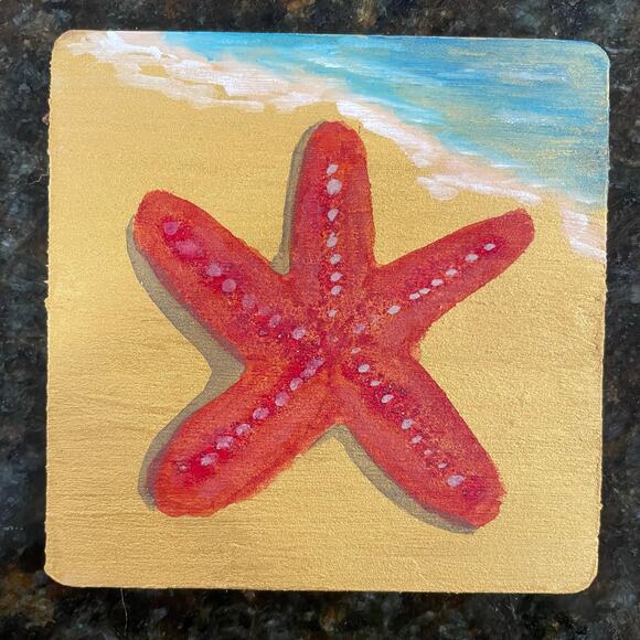 Hand painted watercolor original coaster starfish sea star beach ocean - Picture 1 of 1